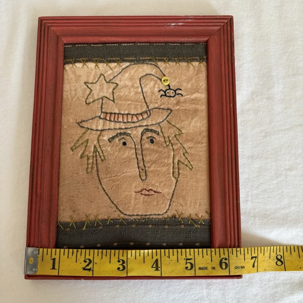 Hand Sewn Embroidery Witch Portrait Wall Spider Witchy Hat Primitive Folk Granny
